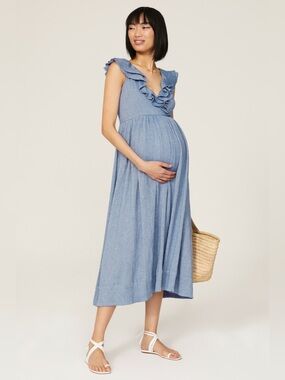 Match Light Blue Ruffled Maternity Midi Dress